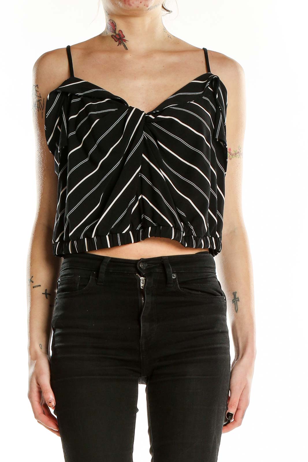 Black Cropped Striped Top Front