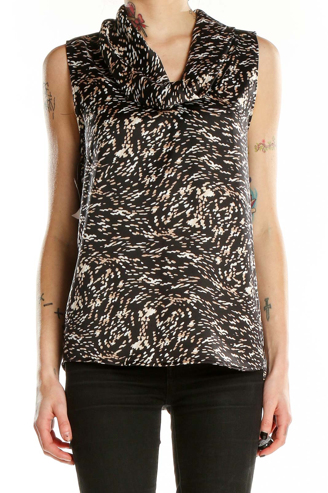 Black Cowl Neck Sleeveless Printed Blouse Front
