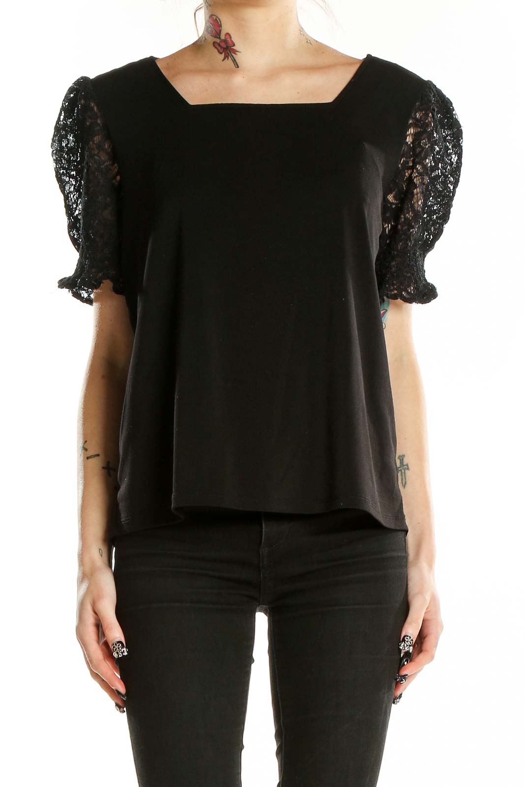 Black Square Neck Lace Sleeve Top Front