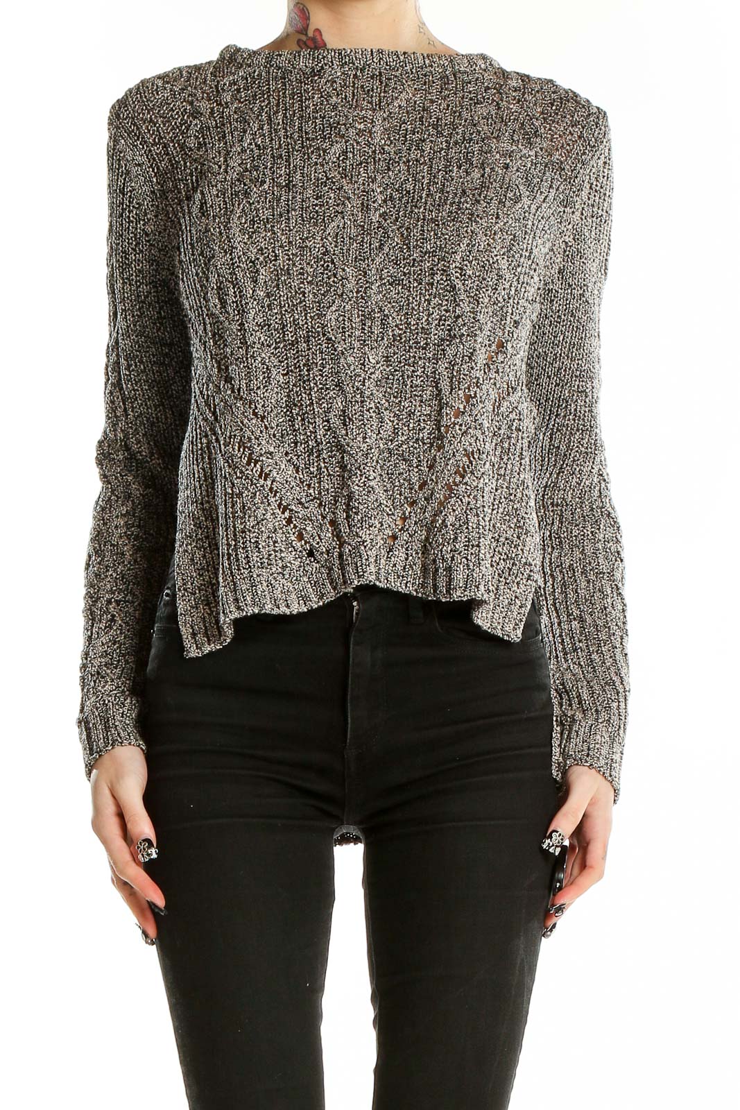 Grey Long Sleeve Side Slit Sweater Front
