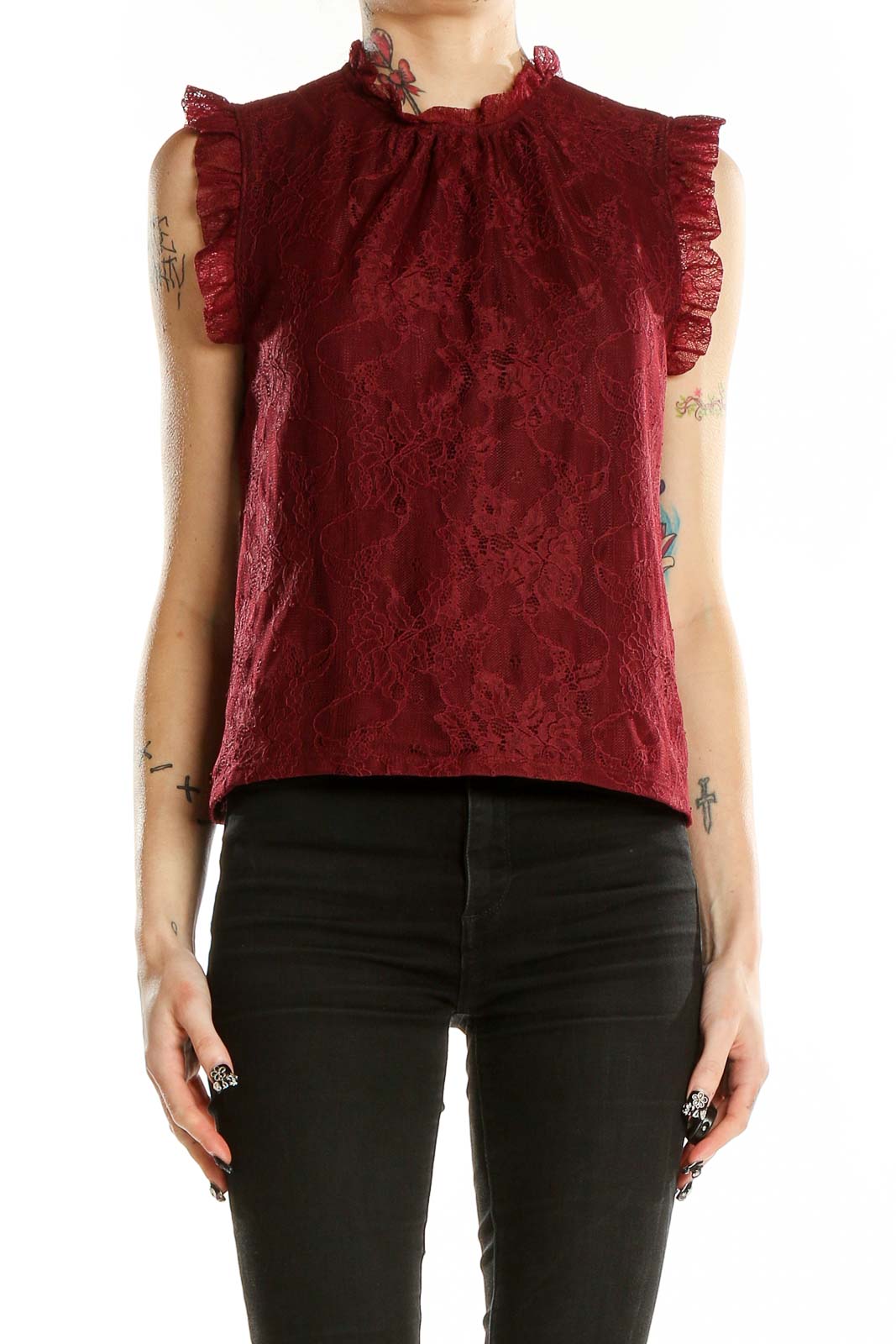 Red Sleeveless Lace Blouse Front