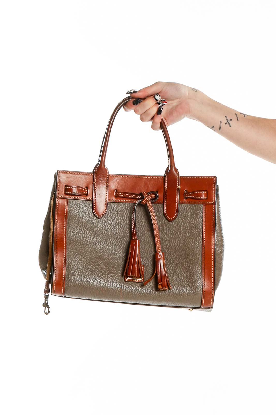 Gray Brown Leather Satchel Bag Front