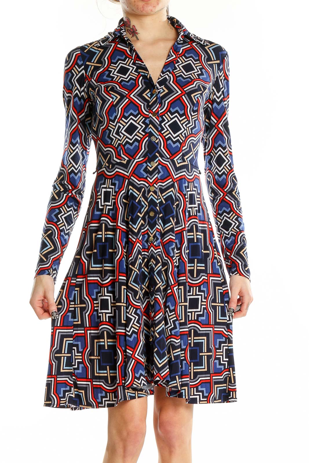 Black Blue Red Flare Long Sleeve Printed Dress Front