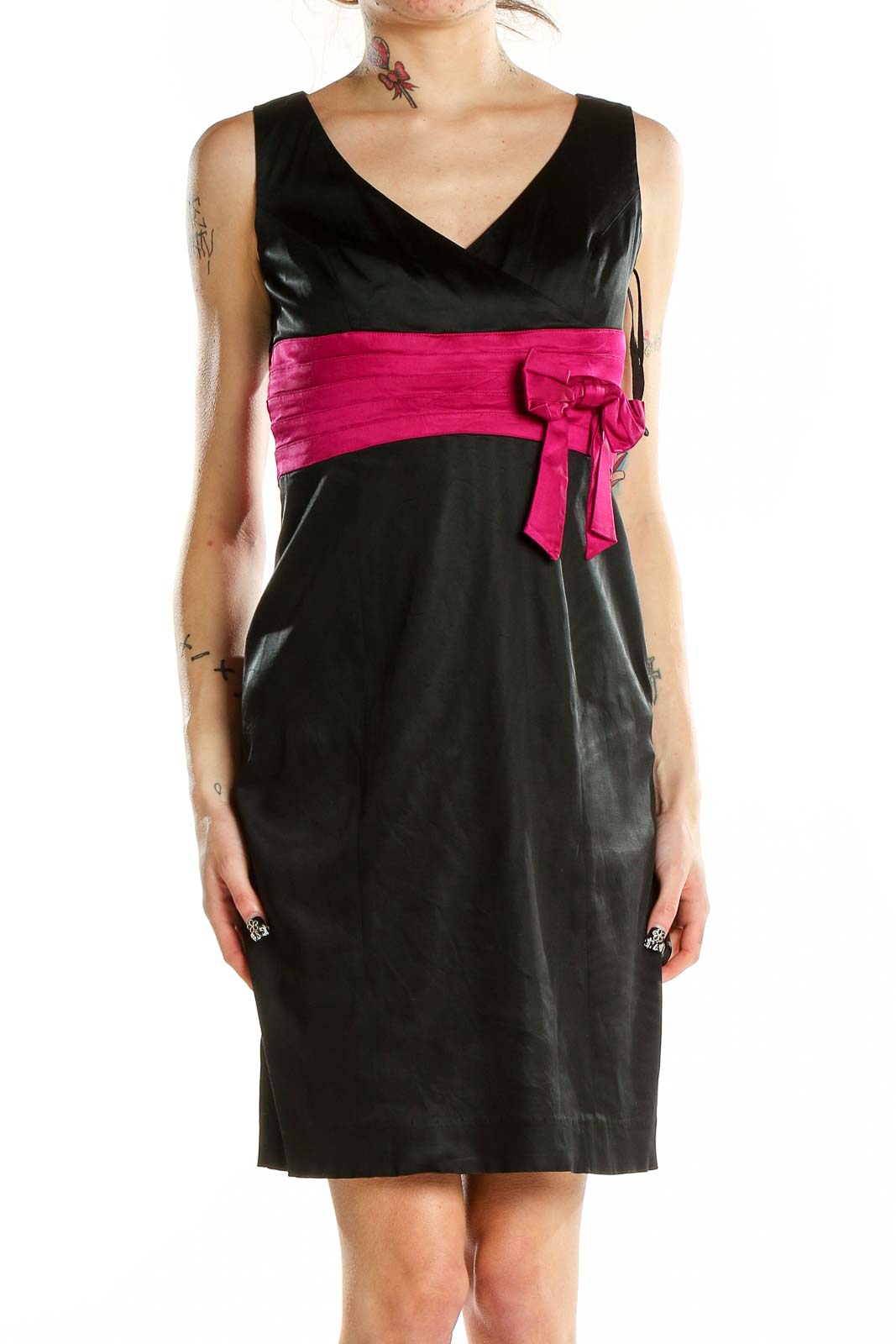 Black Pink Empire Waist Bow Sleeveless Dress Front