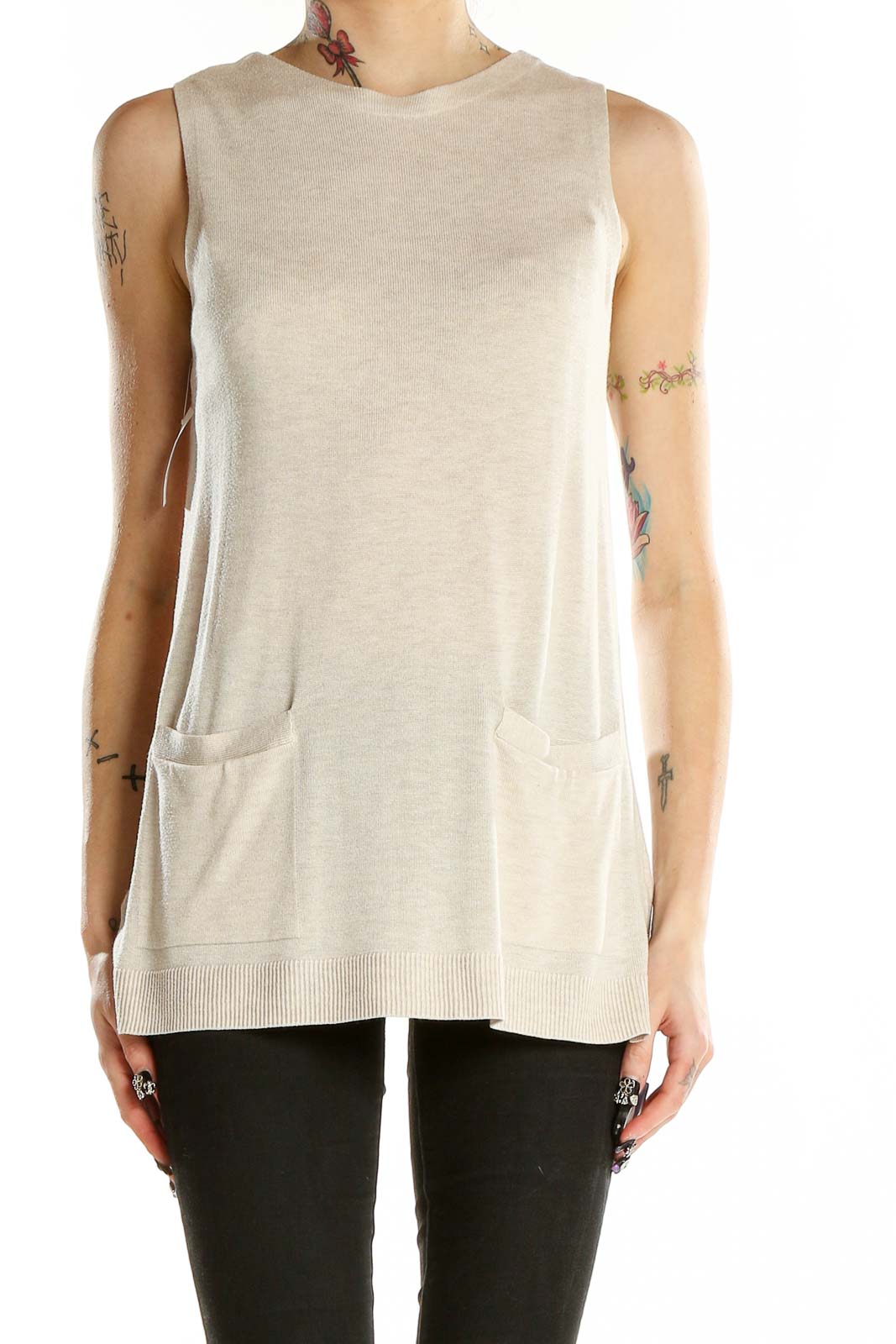 Beige Sleeveless Knit Top Front
