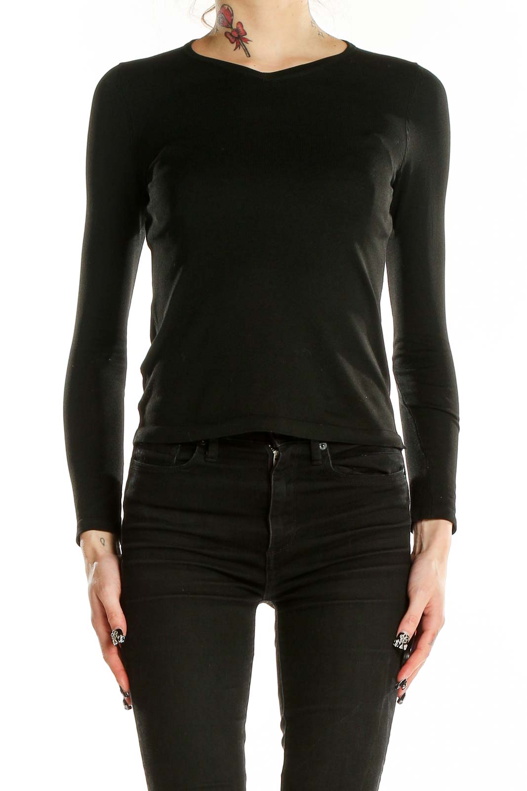 Black Long Sleeve Knit Top Front