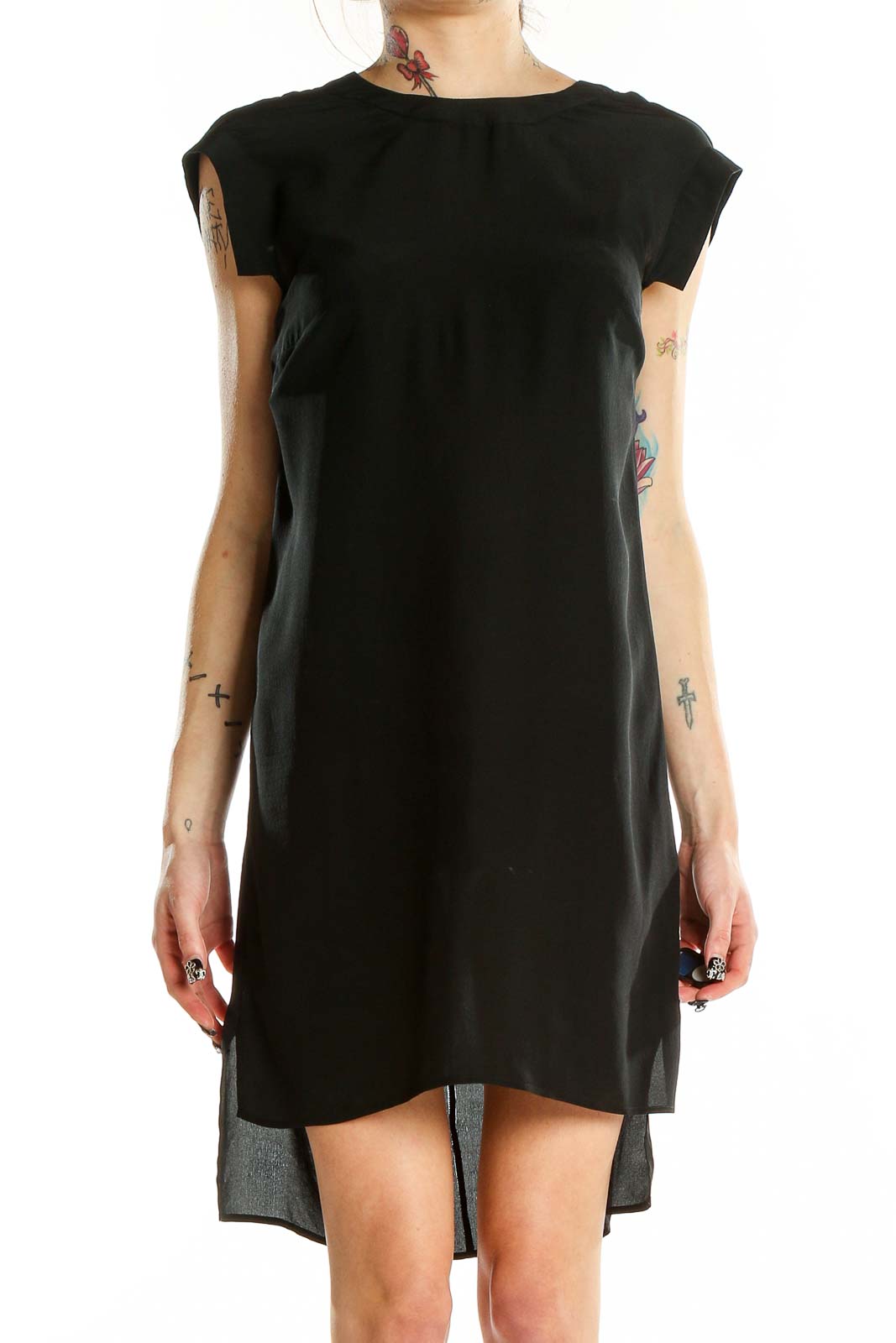 Black Silk Semi-Sheer Shorts Sleeve Dress Front