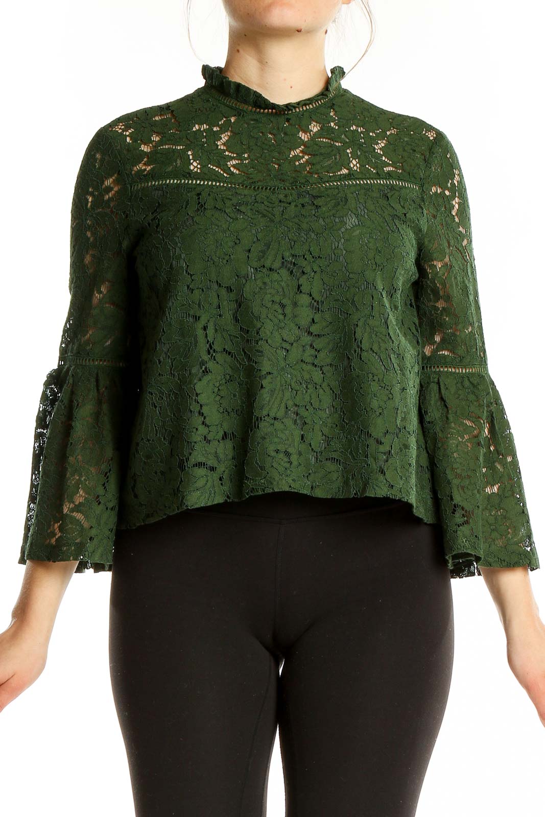 Green Highneck 3-4th Sleeve Lace Top Front