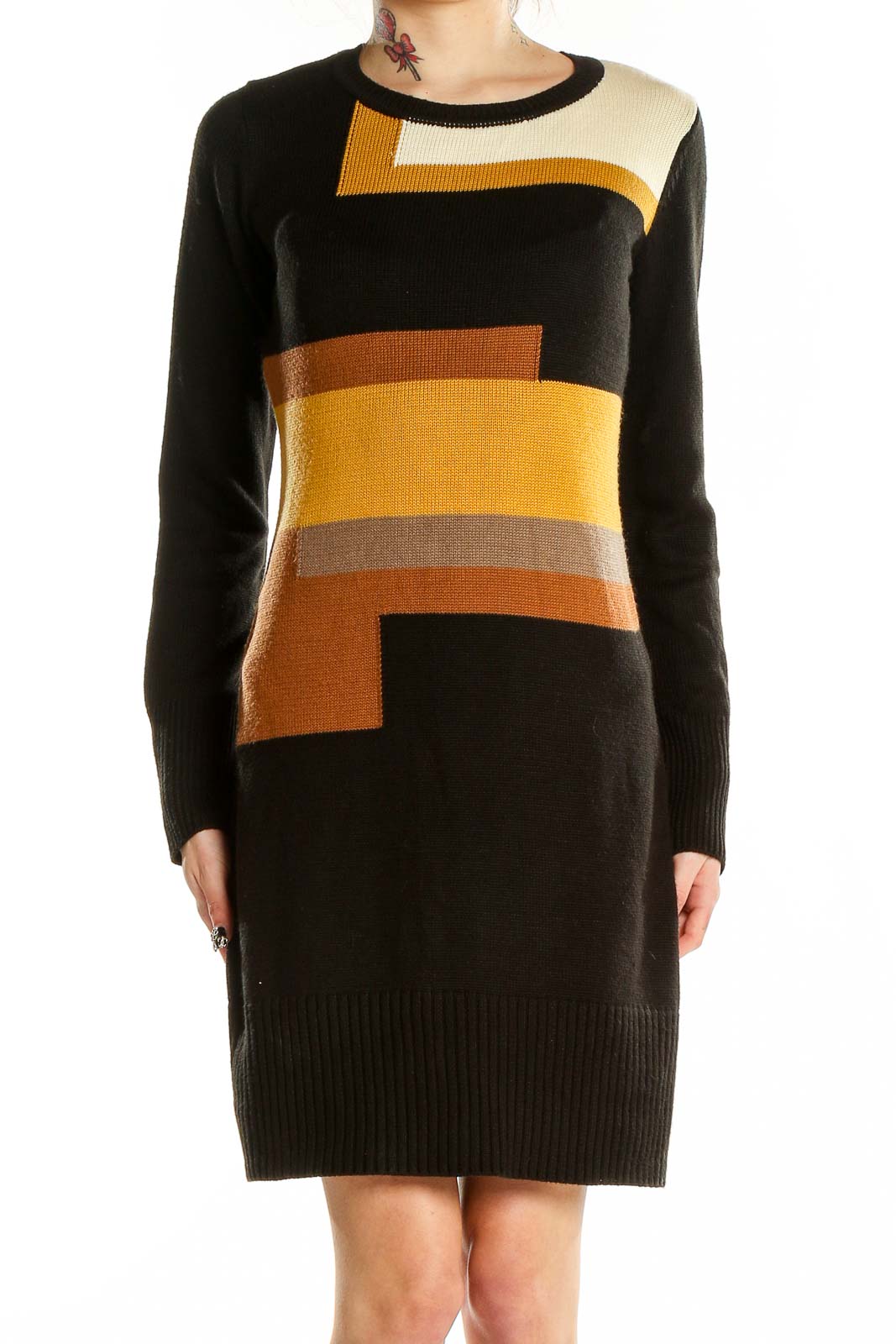 Black Yellow Brown Color Block Sweater Dres Front