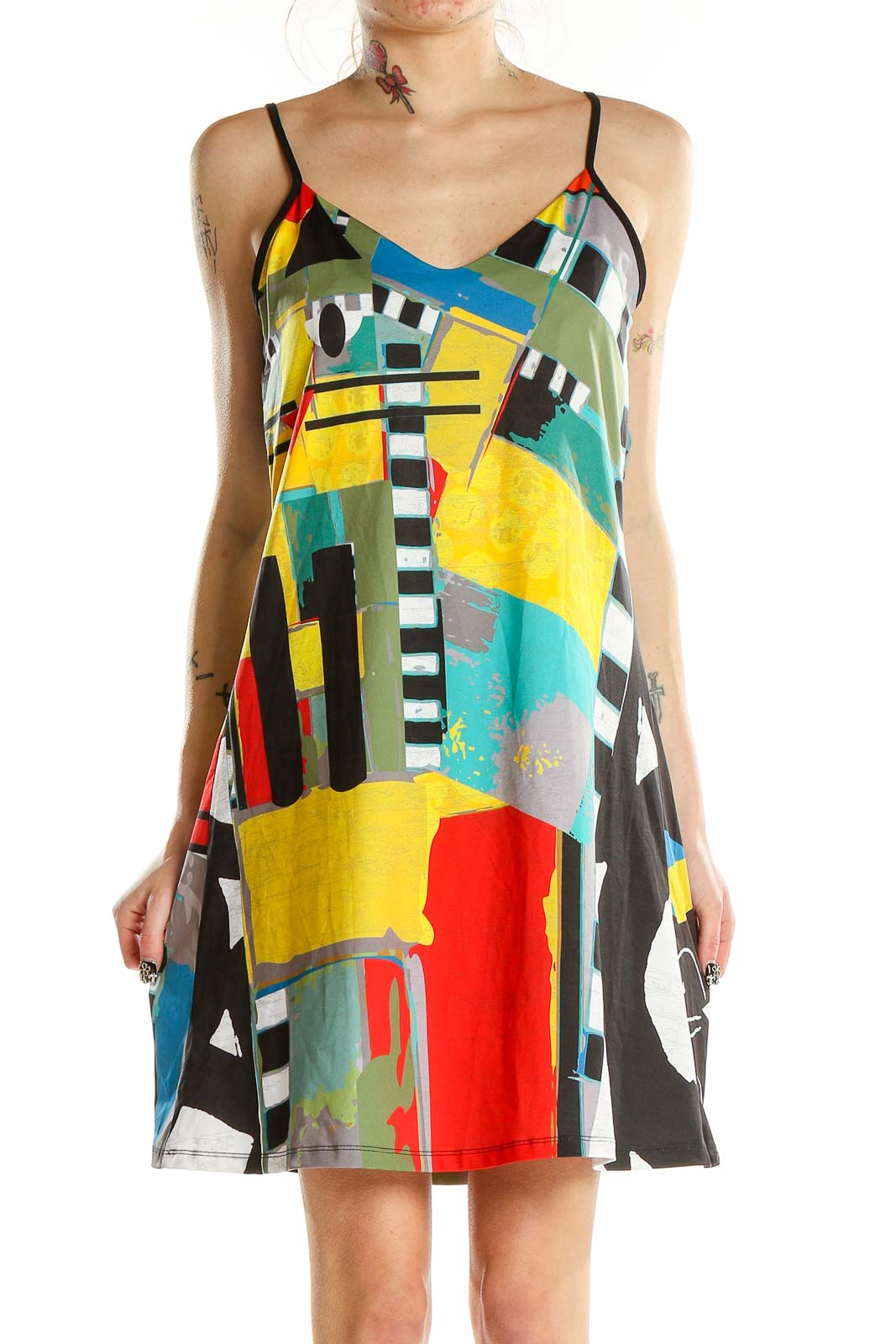 Multicolor Flare Artsy Geometric Print Dress Front