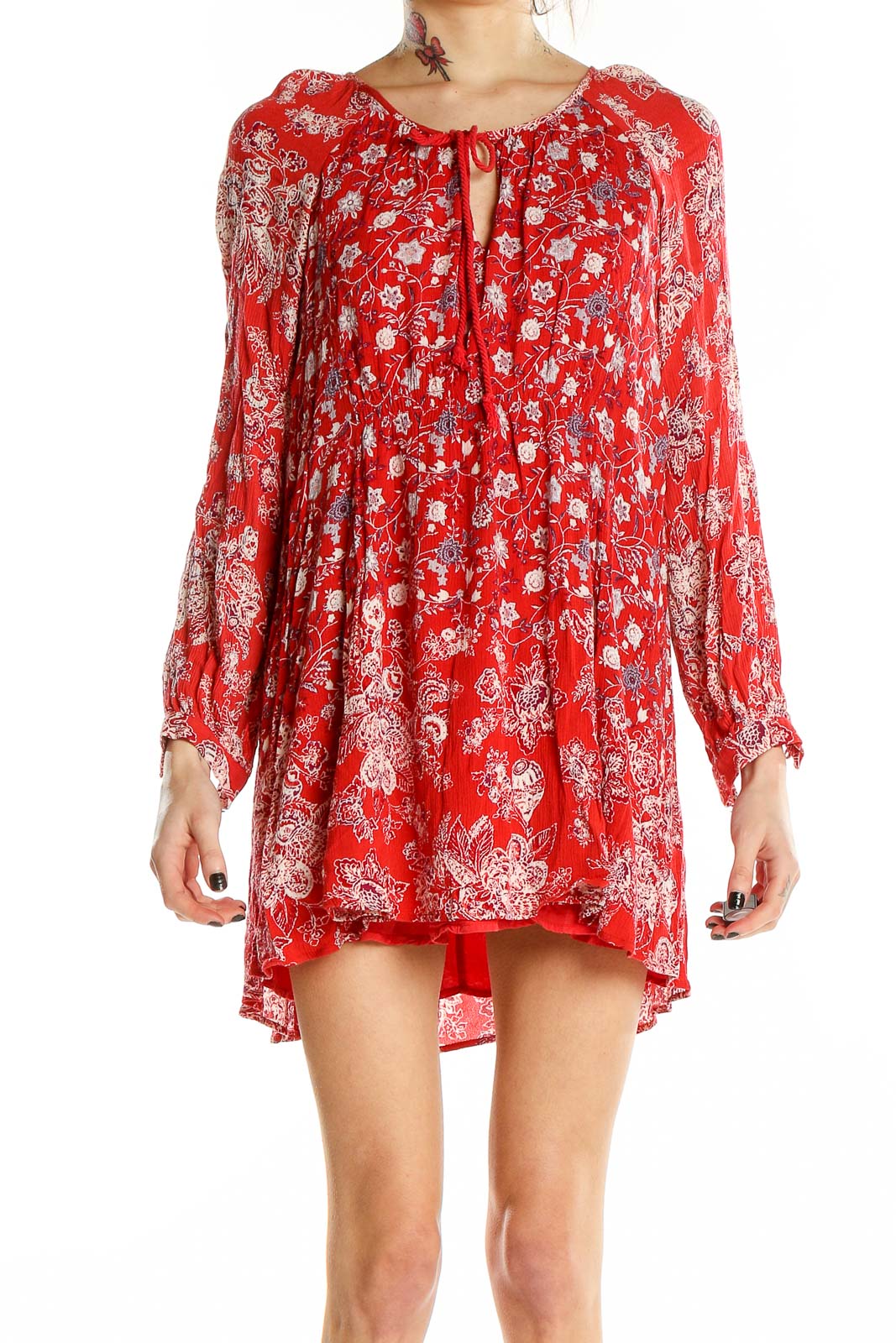 Red Long Sleeve Floral Print Mini Dress Front