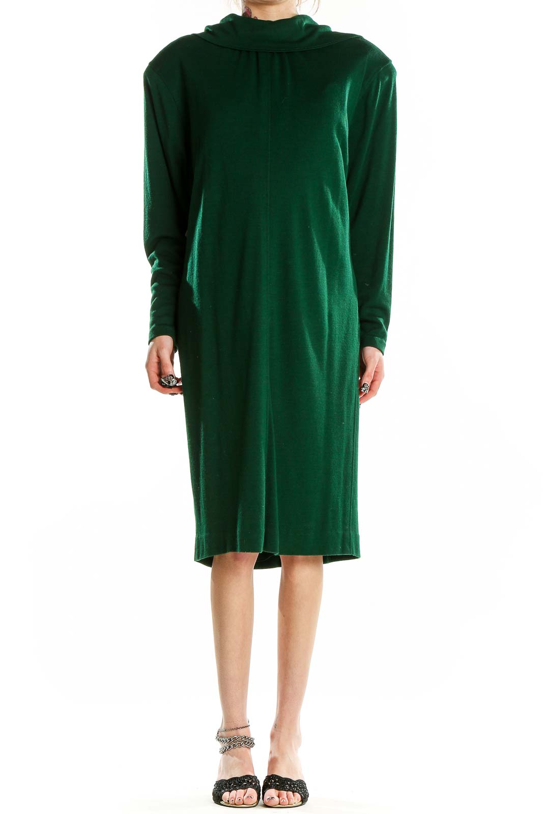 Green Vintage Knit Long Sleeve Dress Front