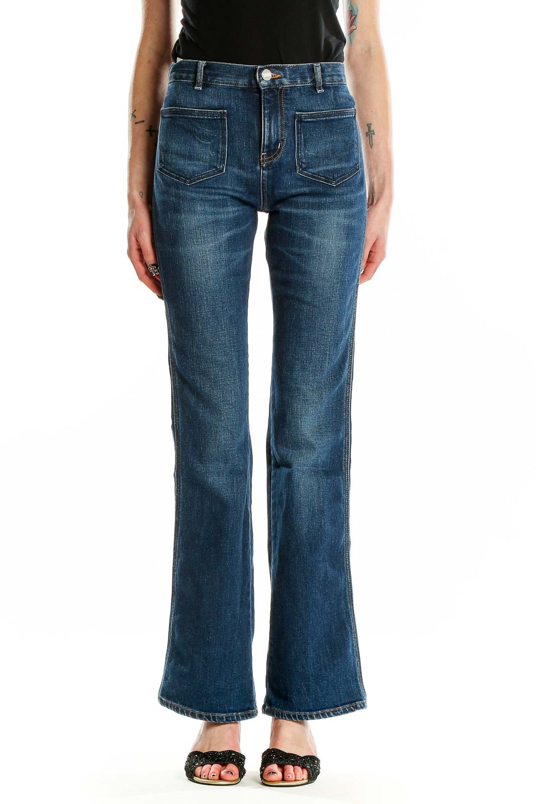 Blue High Waisted Dark Rinse Bootcut Jeans Front