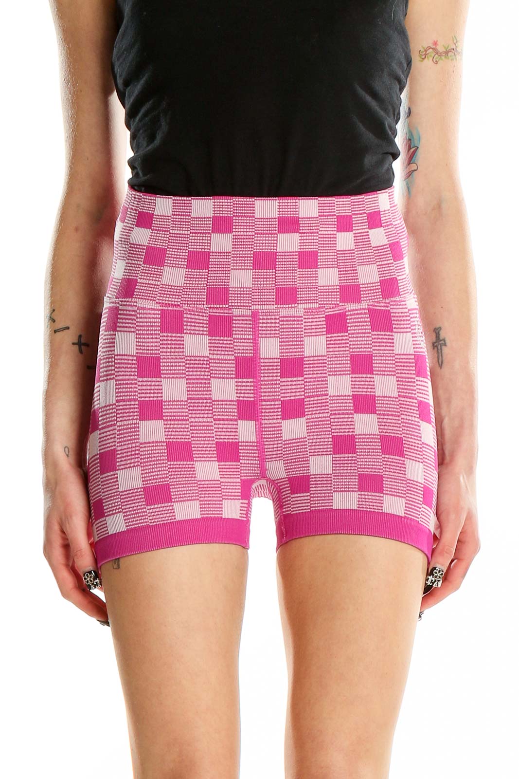 Pink Checkered Biker Shorts Front