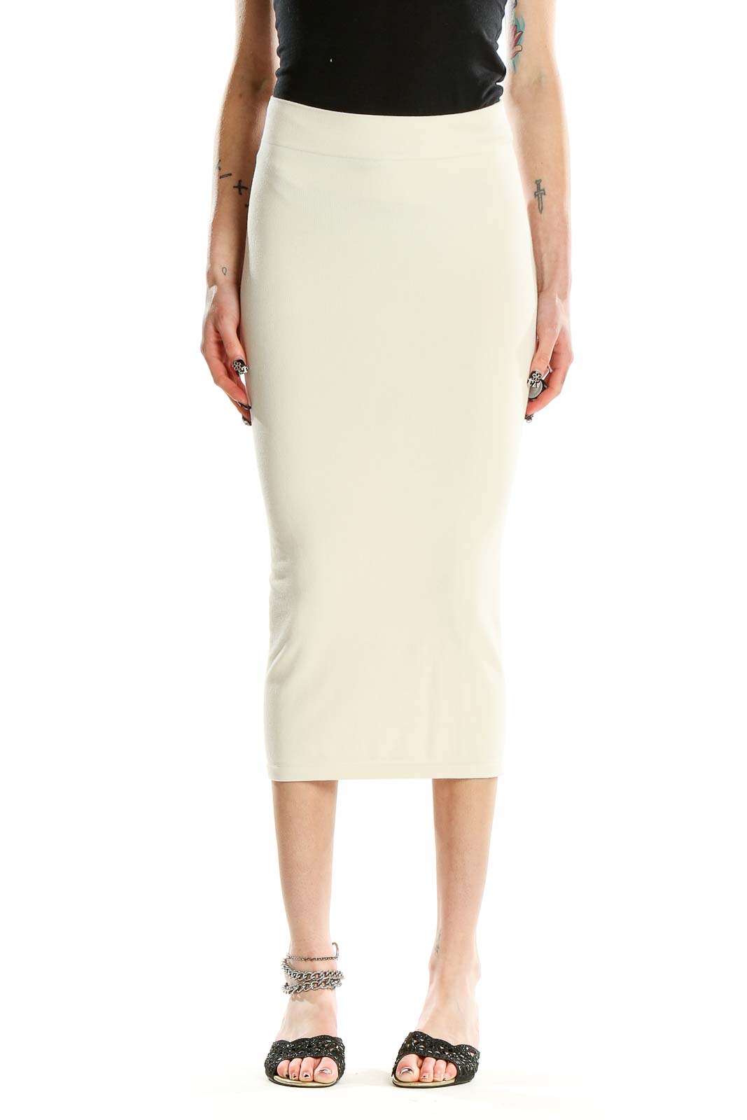 White Knit Midi Pencil Skirt Front