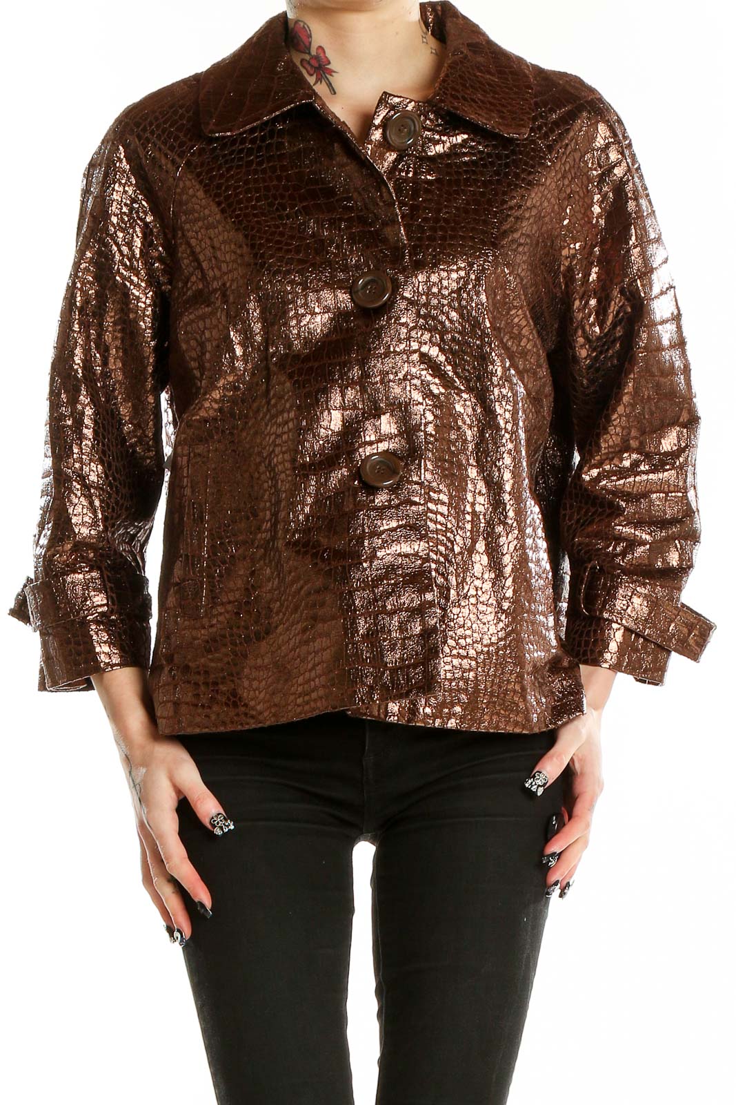 Brown Gold Embossed Retro Jacket Front