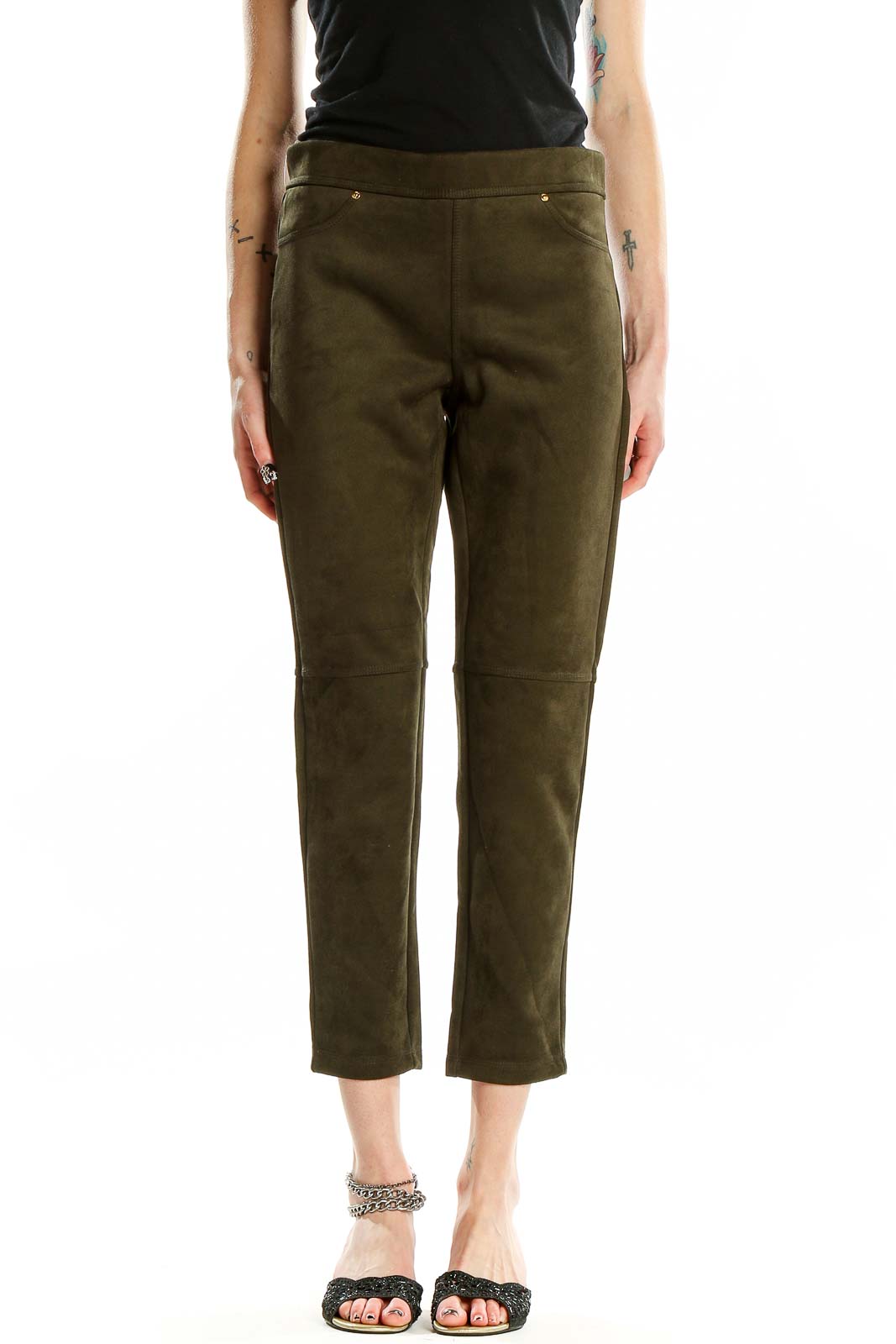 Green Textured Slim-Fit Pants Front