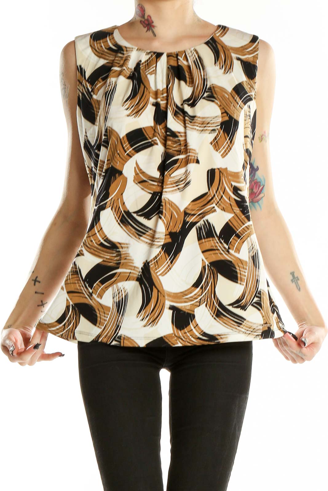 Beige Brown Sleeveless Printed Blouse Front