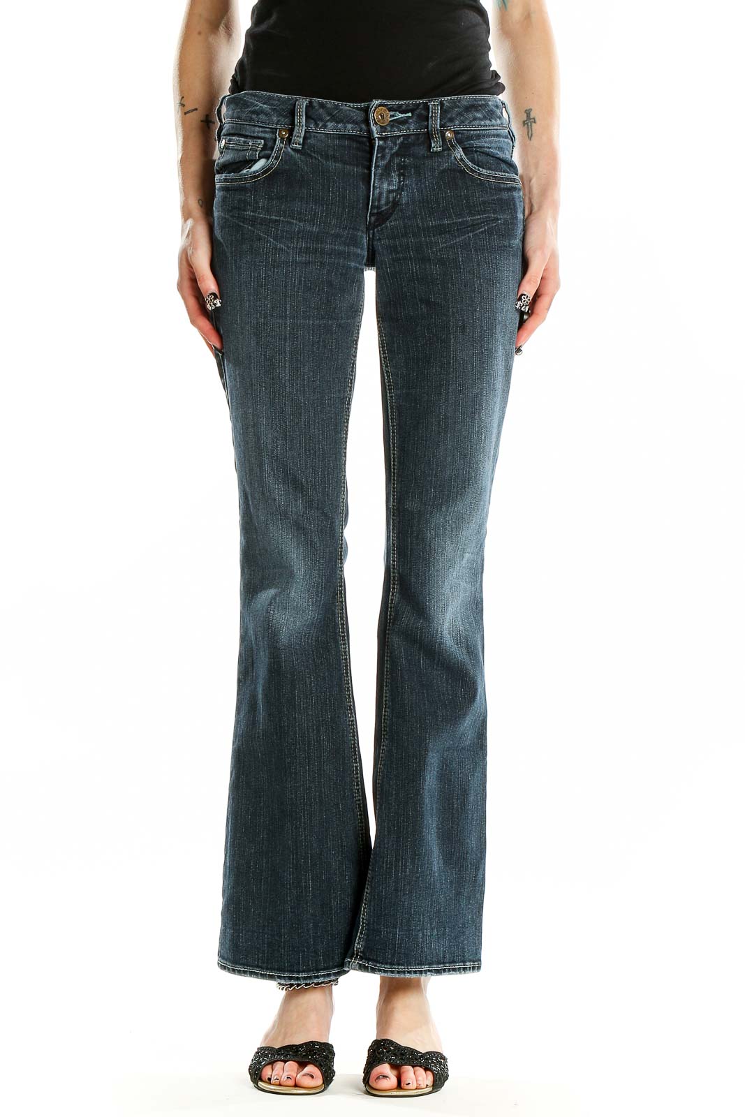 Blue Dark Rinse Low Rise Bootcut Jeans Front