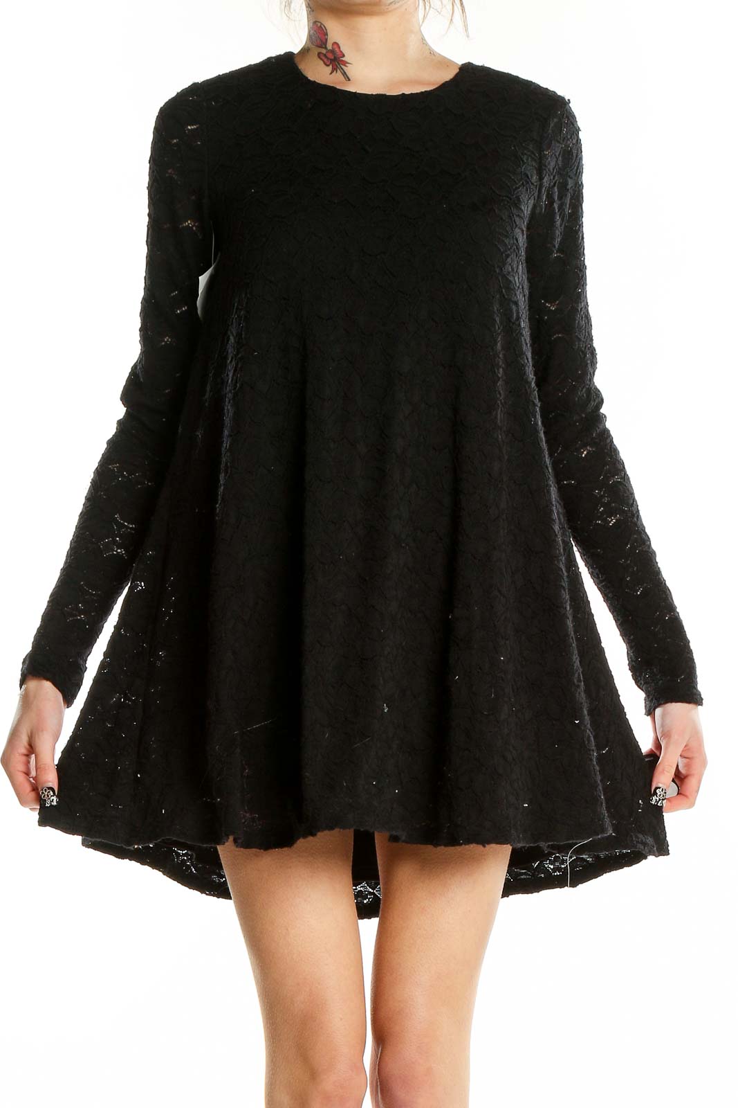 Black Lace Long Sleeve Dress Front