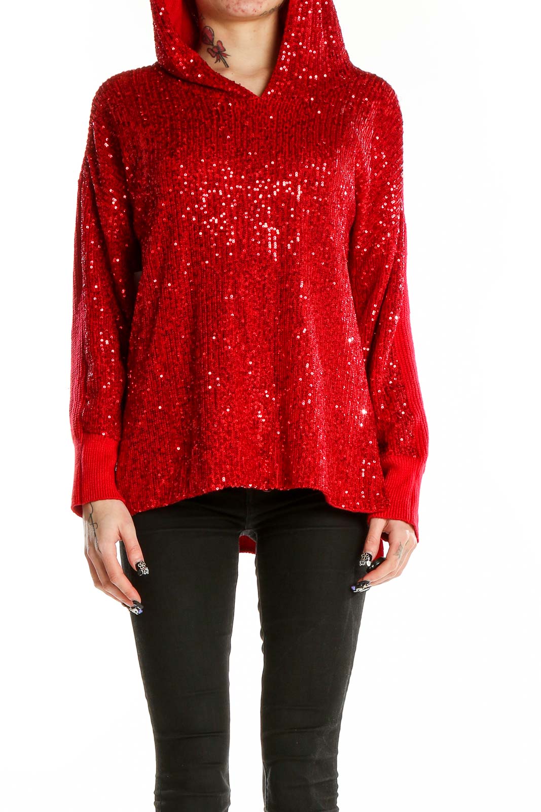 Red Hooded Sequin Sweater Front