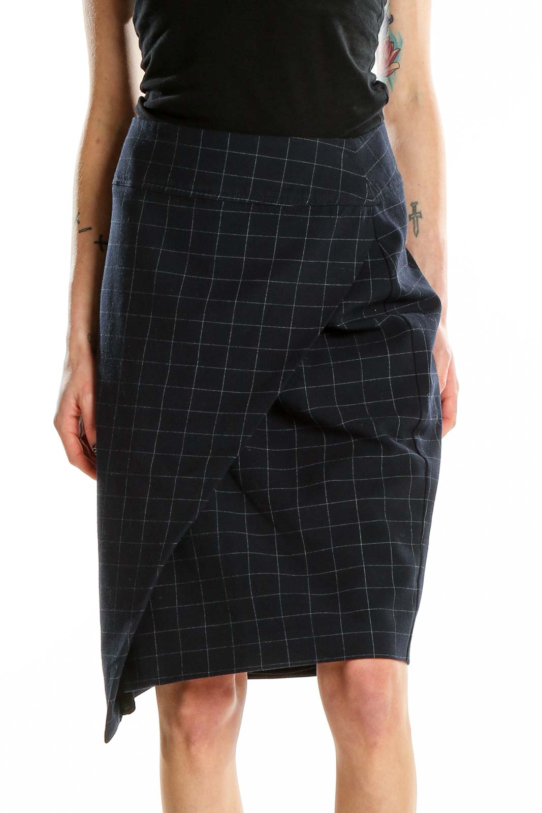Navy Checker Print Ruffle Pencil Skirt Front