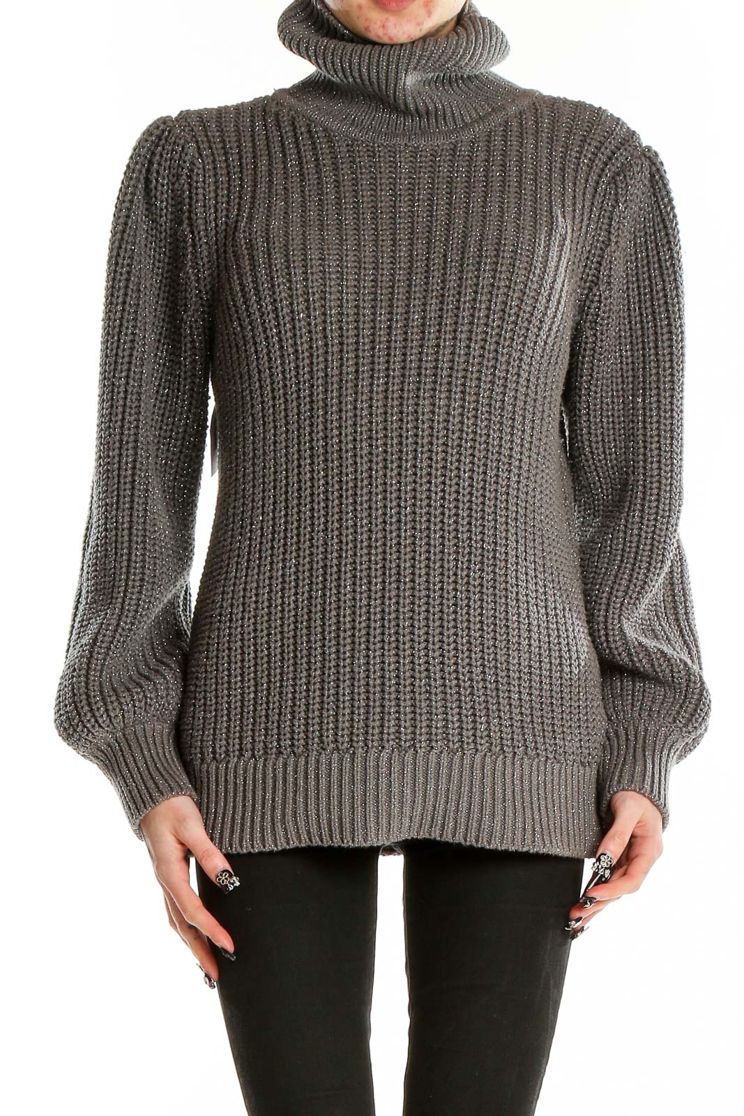 Grey Metallic Thread Turtle Neck Sweater Front