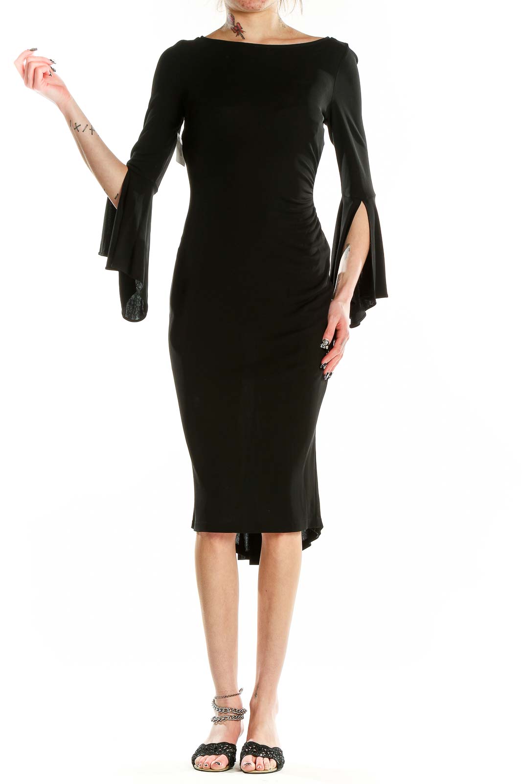 Black Flare Sleeve Midi Dress Front