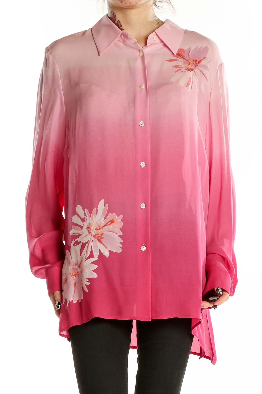 Pink Silk Flower Print Shirt Front
