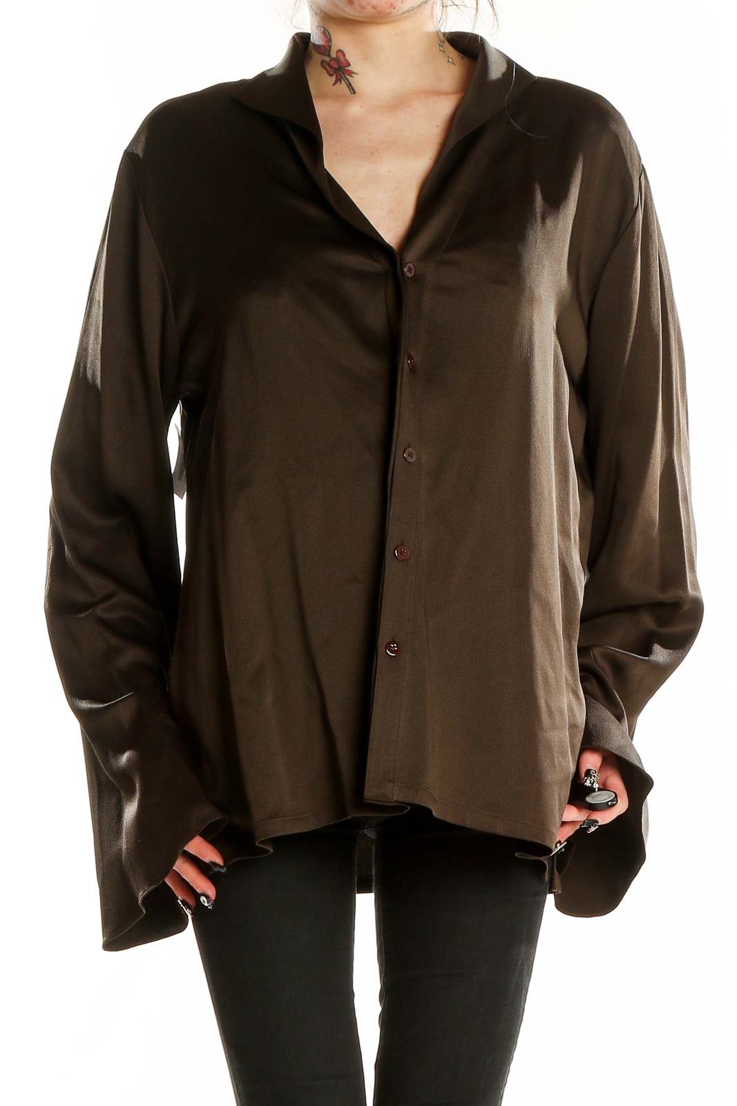 Brown Long Sleeve Silk Shirt Front