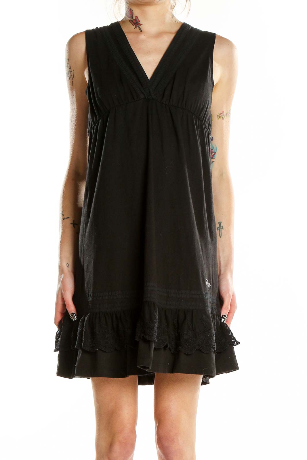 Black Sleeveless Lace Trim Dress Front