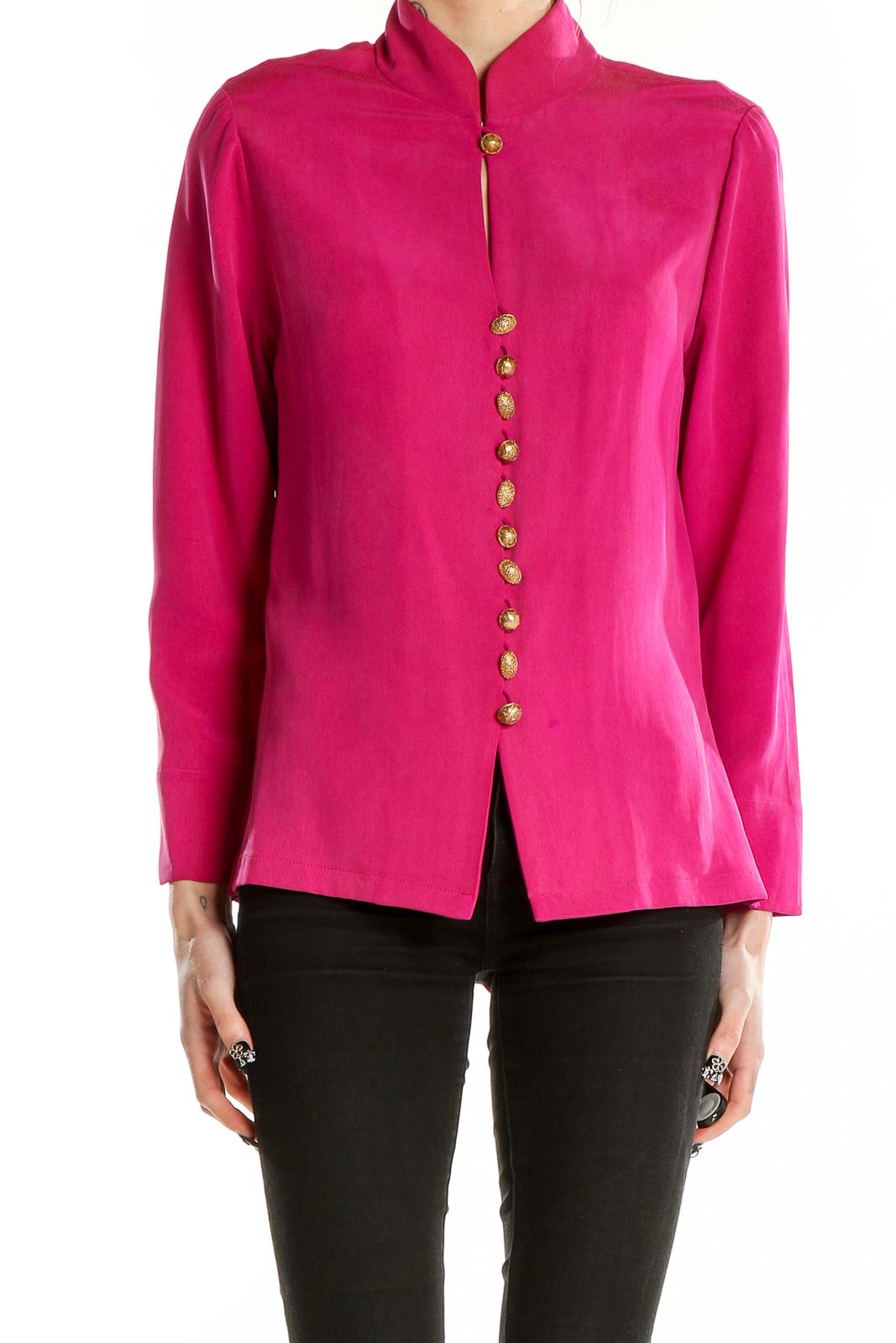 Pink Gold Button Long Sleeve Shirt Front