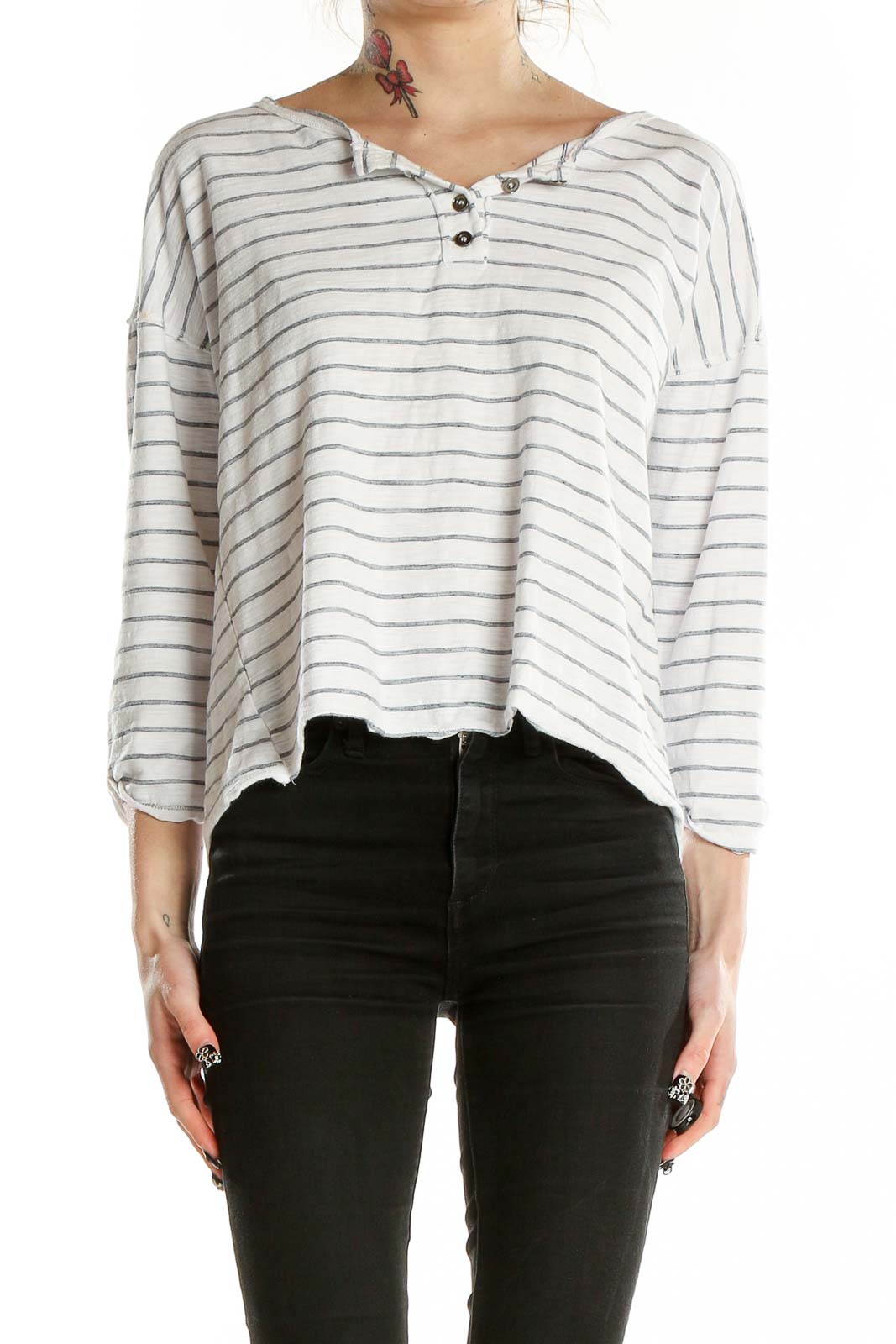White Striped Henley Top Front