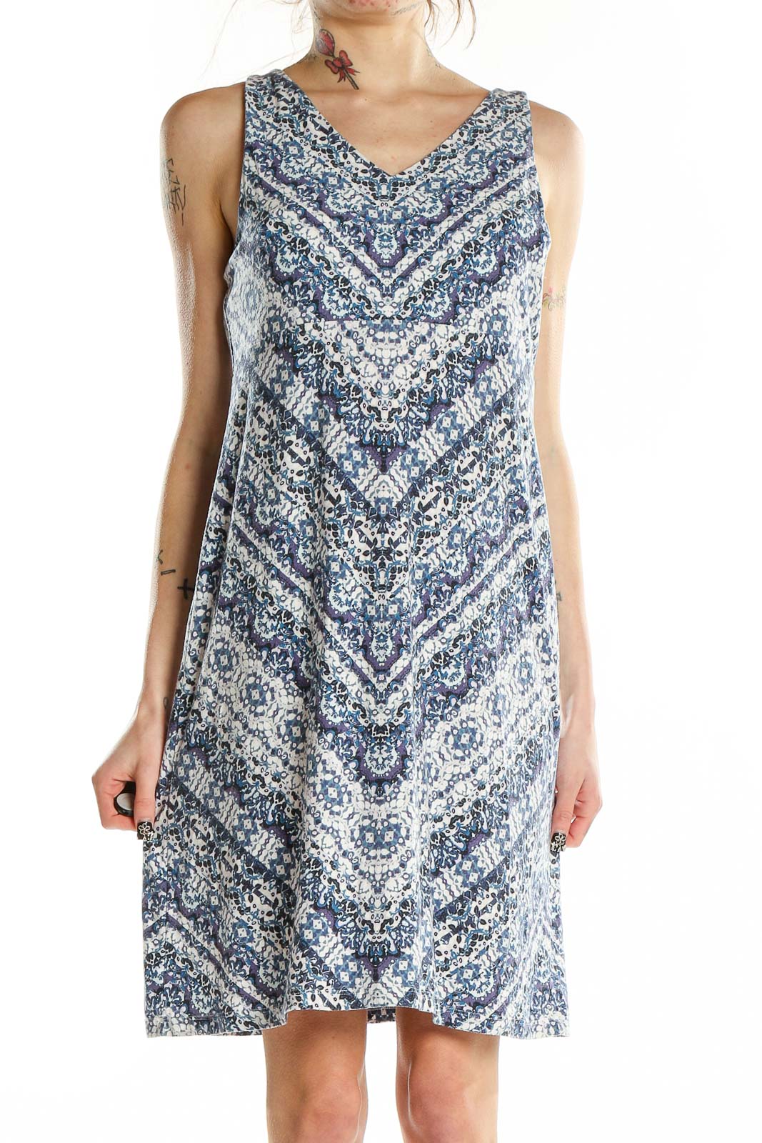 White Blue A-Line Printed Dress Front