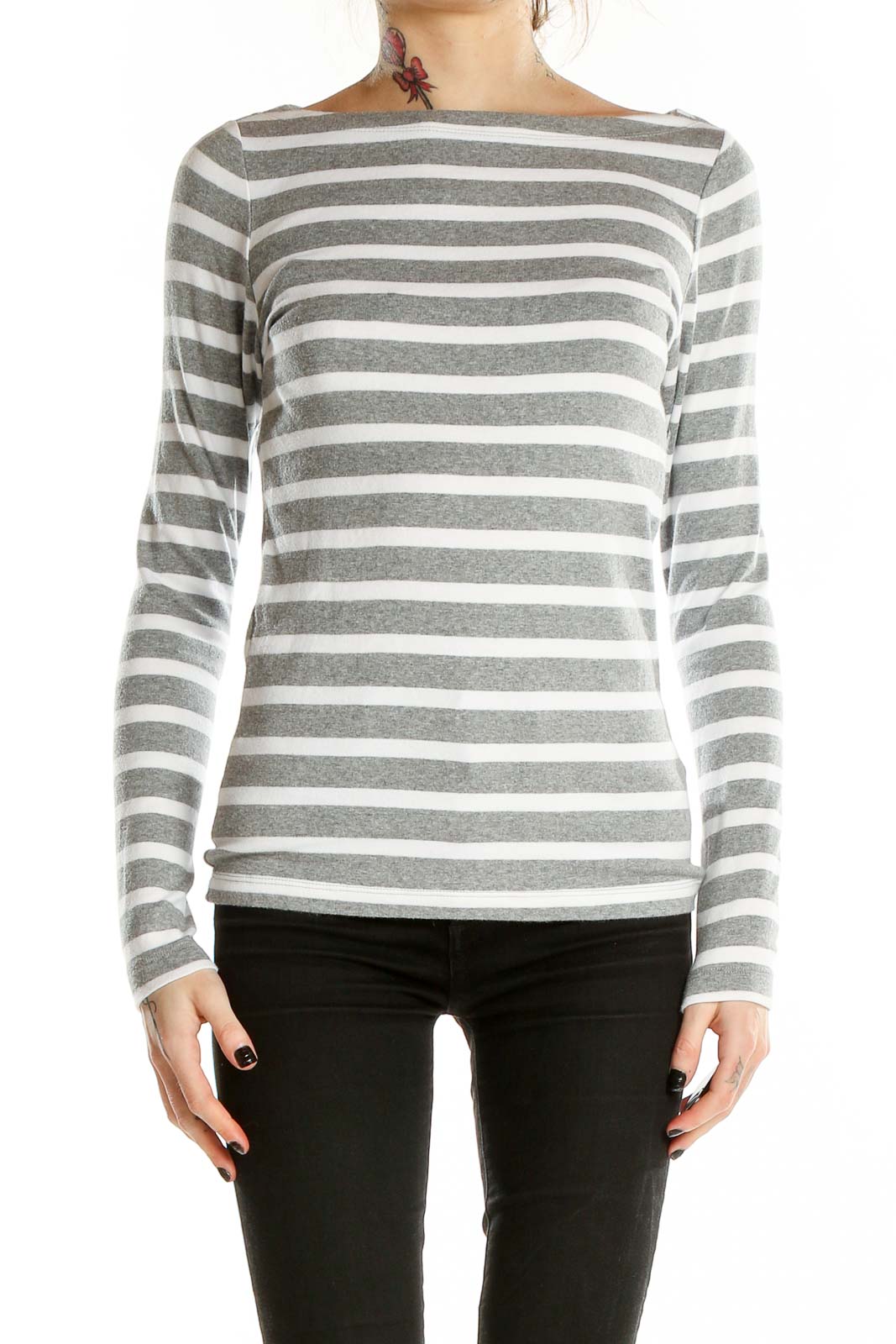 Grey White Long Sleeve Striped Shirt Front