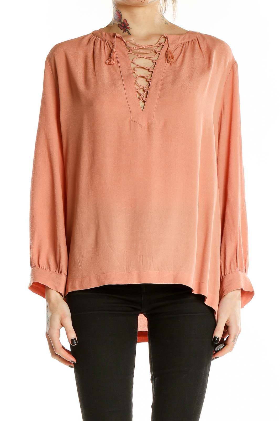 Pink Long Sleeve Lace-Up Blouse Front