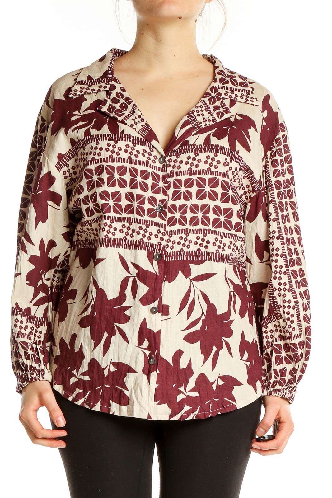 White Red Long Sleeve Bohemian Printed Shirt Front
