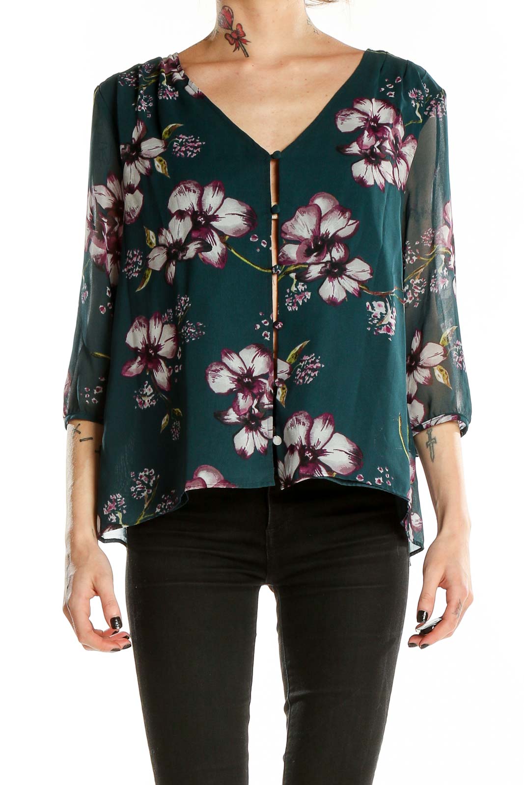 Blue 3-4th Sleeve Floral Print Top Front