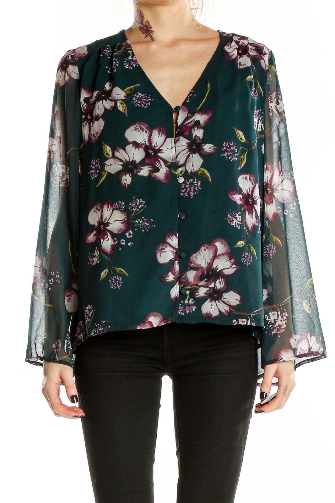 Blue 3-4th Sleeve Floral Print Top Front