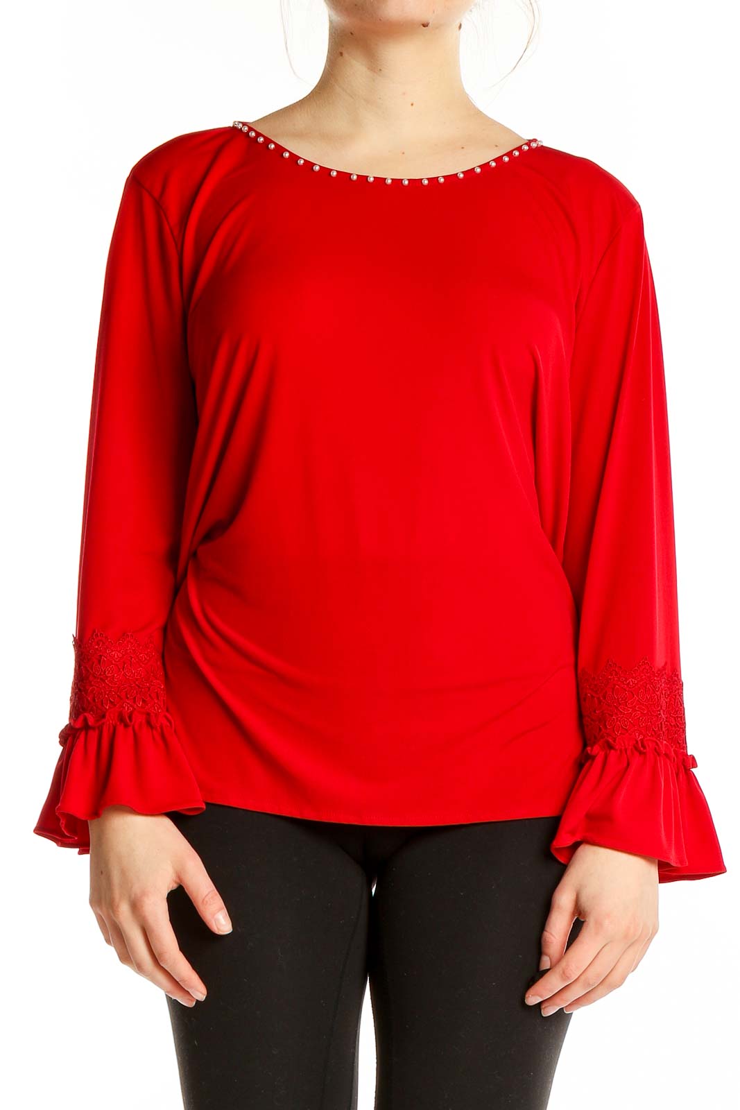 Red Long Sleeve Pearl Collar Blouse Front