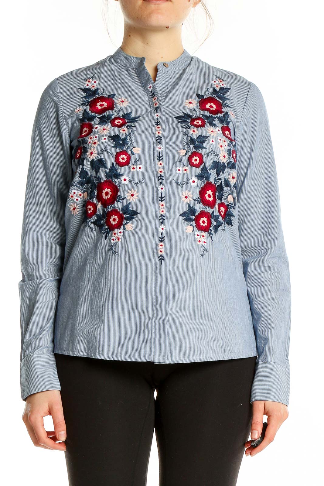 Blue Long Sleeve Pinstripe Floral Shirt Front