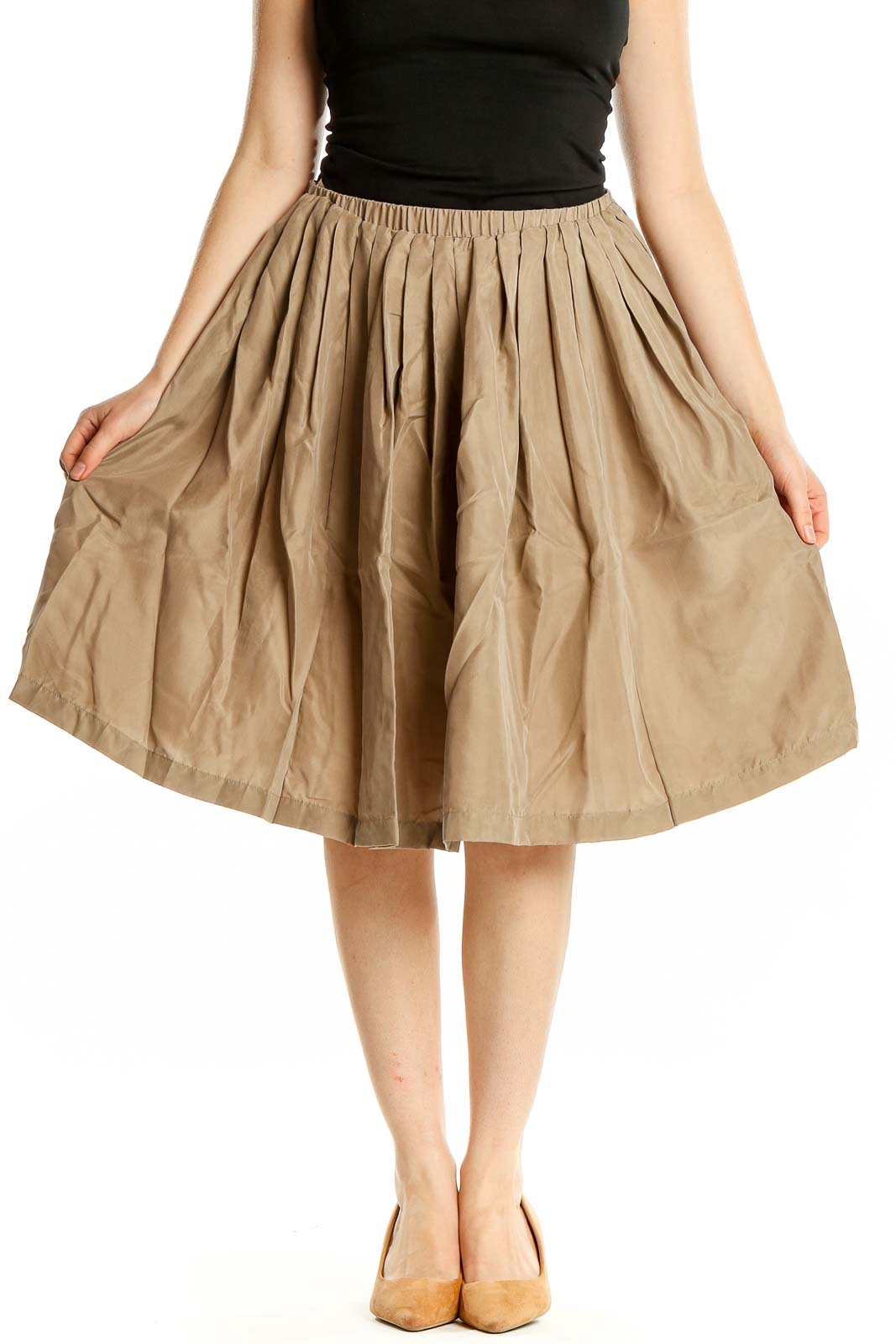 Brown Flared Pleated Silk Skirt Front