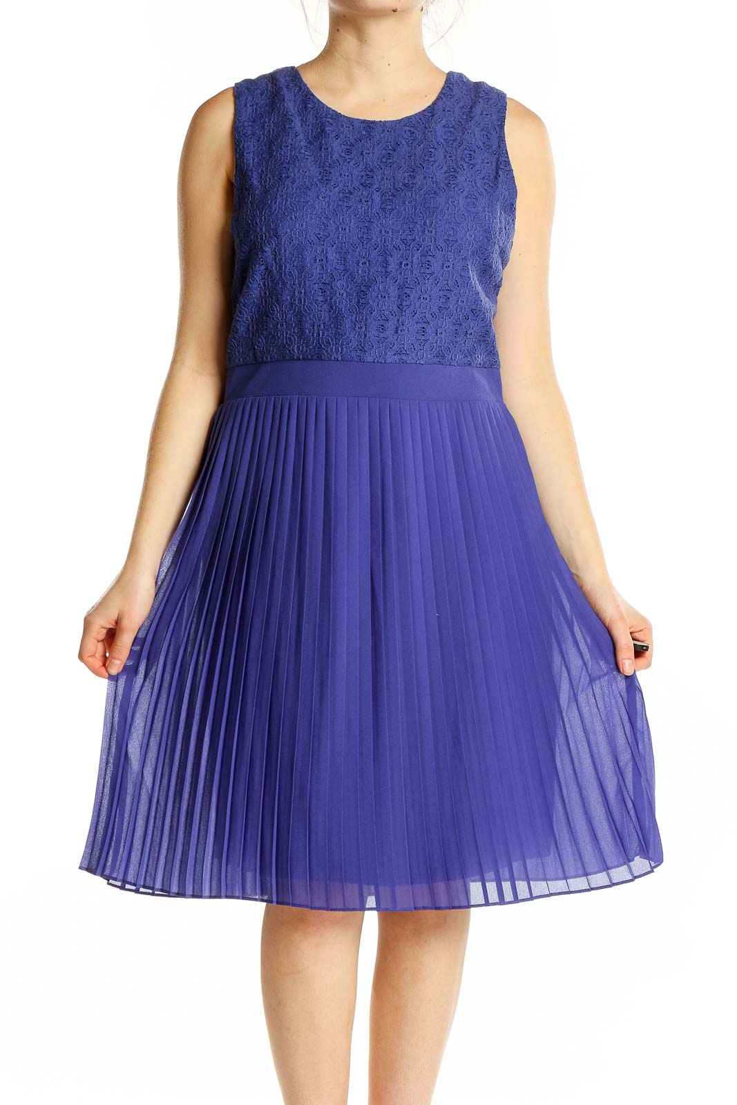 Purple Lace Pleated Sleeveless Dress Front