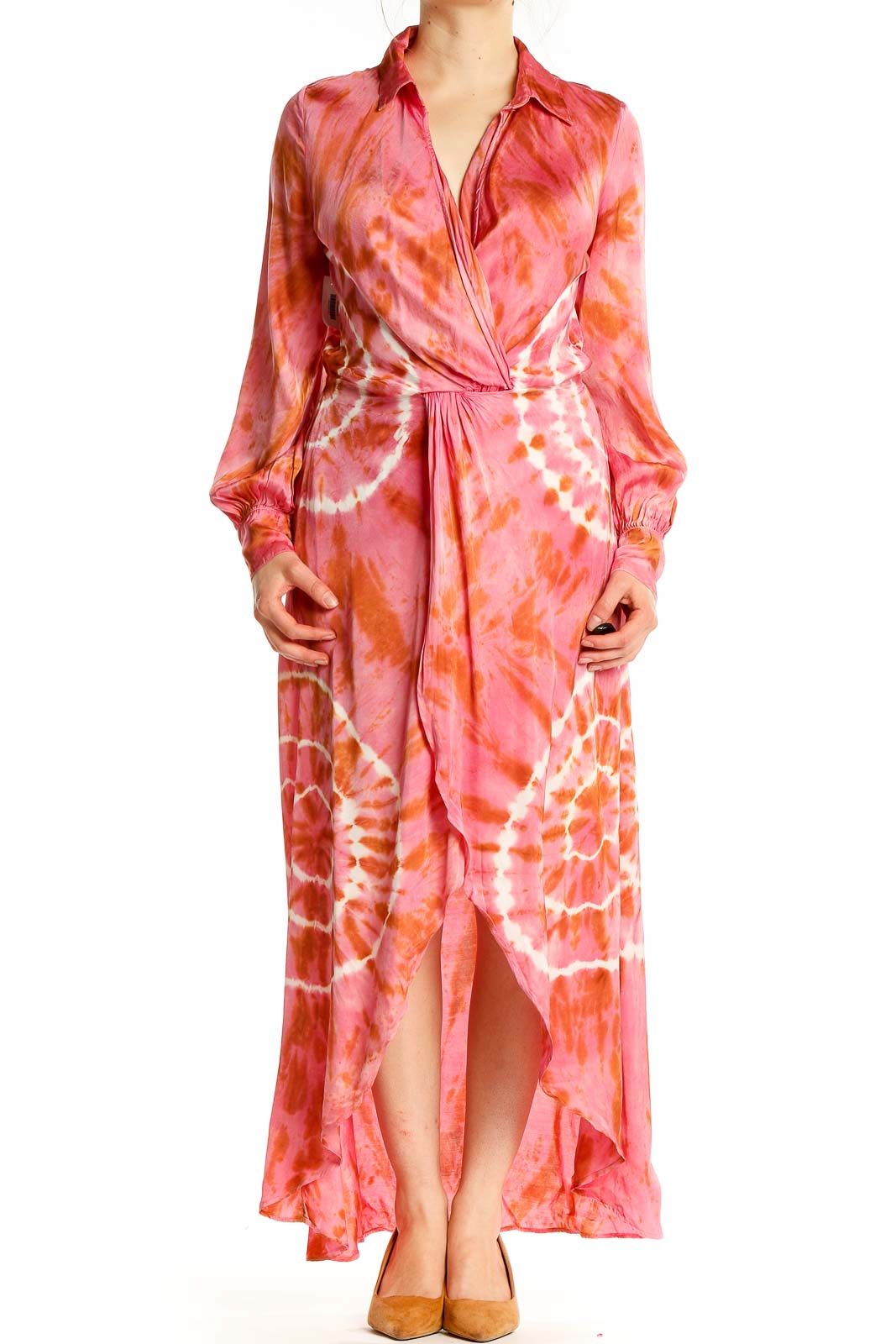 Pink Orange Wrap Long Sleeve Tie and Dye Dress Front