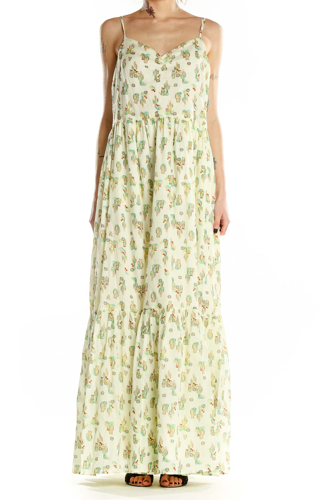 Green Printed Sleeveless Maxi Dress Front