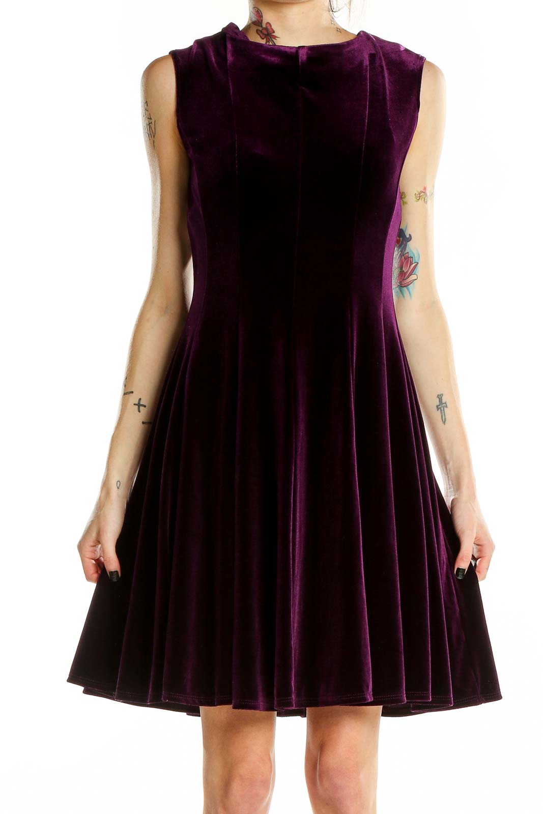 Purple Velvet Flare Sleeveless Dress Front