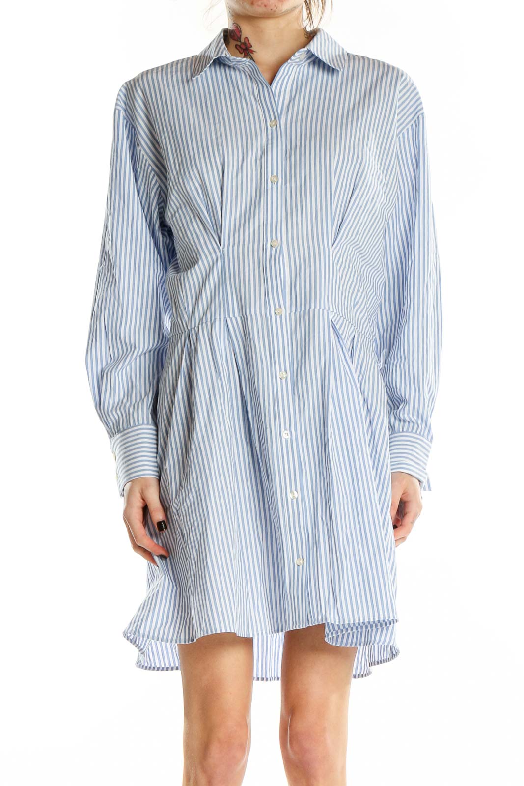 Blue Long Sleeve Striped Shirt Dress Front