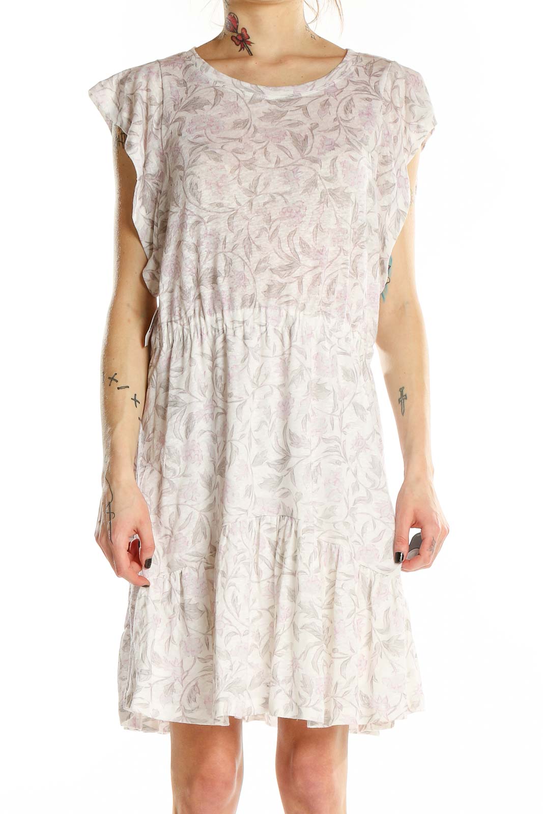 White Pink Floral Print Dress Front