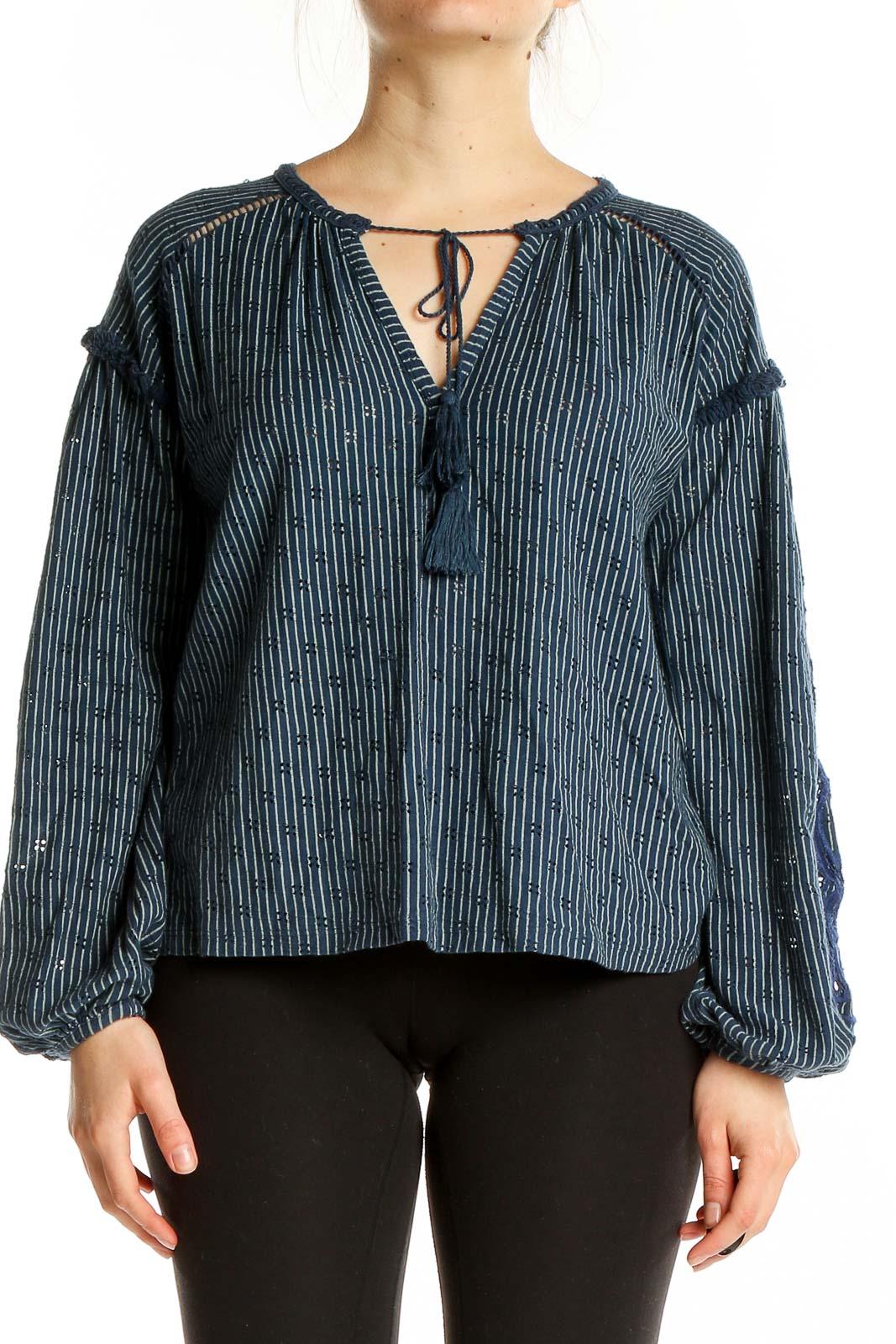 Blue Striped Long Sleeve Blouse Front
