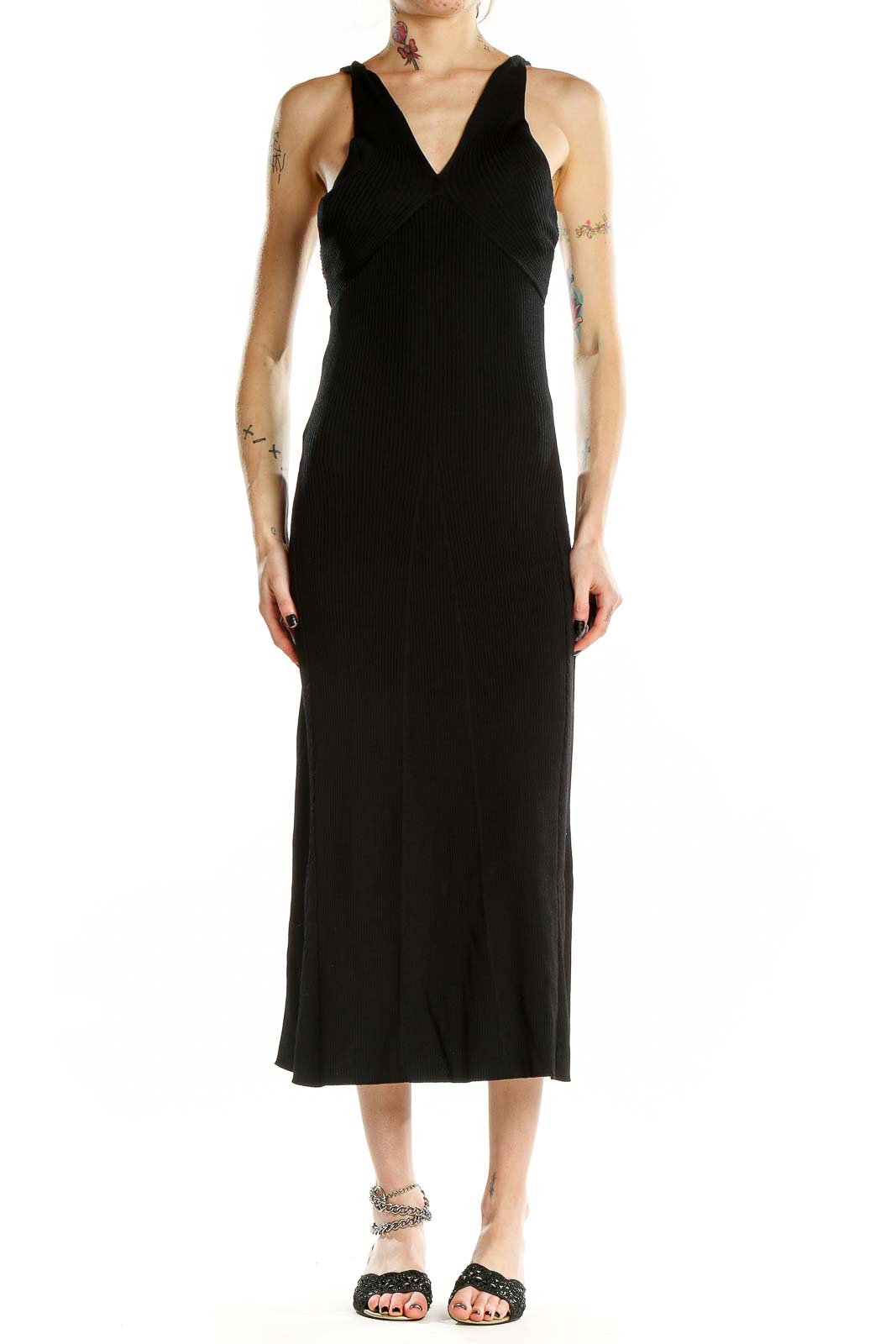 Black Sleeveless Knit Midi Dress Front
